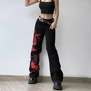 Kvinnors byxor amerikansk stil retro röd orm tryckt raka ben jeans män och kvinnor streetwear vår sommarlöst passande mode