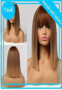 Alan Eaton ombre Brown Cabelo curto direito Lolita bobo com perucas sintéticas de pônei para mulheres Cosplay Resistente ao calor 4013459