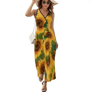 Abiti casual abiti di girasole giallo fiori estivi stampata coreana boemia lunghe donne in alto giro grafico spiaggia maxi