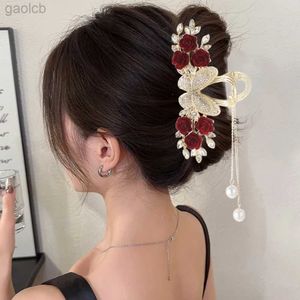 Hårklipp Barrettes Rhinestone Luxury Hair Claw Women Shiny Color Temparement Hairpin Hair Crab för Girls Pearl Tassel Chain Hair Clip Accessories 240426