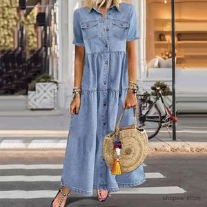 Grundläggande avslappnade klänningar Retro 3xl Kvinnor Summer denim klänning Retro Kvinnor Kort ärm Slå ner kragefickor Knapp Lång lös denimklänning