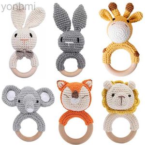 Mobiles# 1Pc Baby Rattle Toys Wooden Teether Crochet Pattern Rattle Rabbit Lion Fox BearToy Newborn Gift Baby Teether Crochet Custom Name d240426