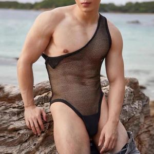 Mens Sexy Mens Bodysuit Hollow Mesh Body Sculpting Underwear Macho See-through High Fork Triangle Sleeveless Jumpsuit Vest 240410