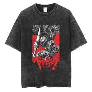 Fashion Summer T Shirt Men Anime Vintage Washed Cotton Berserk Shirt Short Sleeve Top Harajuku Hip Hop Streetwear Oversized Tees 240410