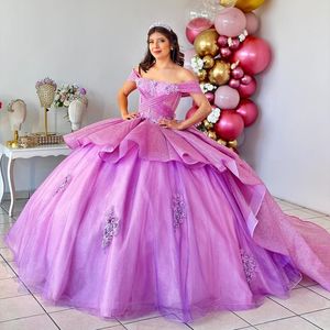 Purple Pailletten vor der Schulter Quinceanera Ballkleid elegante Applikationen Spitze TULL Prom Kleider Luxus süße 16 Kleider Vestidos 15 de