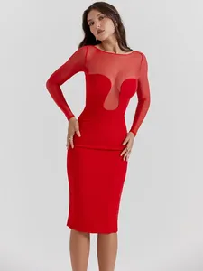 Casual Dresses Mesh Patchwork See-Through Long Sleeve Midi Evening For Women BodyCon High midje Bröllopsfestklänning Nattklubbutrustning