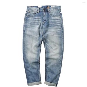 Mäns jeans bomullsröd selvedge denim för män ljusblå tvättade casual smala passform raka byxor 24ss y2k ungdom man