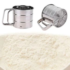 Nya handhållna mjölskaker rostfritt stål nät sikt kopp glas socker bakverktyg handpressad handpressad bakvarig syftare-för bakning mjöl
