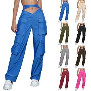 Calça feminina feminina carga alta cintura vintage de streetwear largo de pernas largas calça esportiva bolsos esportivos calças de pára -quedas macacão y2k roupas