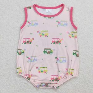 Kläder set design grossist födda baby flickor vintage rosa buss kort ärm jumpsuit bubbla romper
