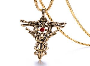 Retro Cross Mens Necklace 316L Stainless Steel 18K Gold Plated Men039s Red Rhinestone Setting Pendant Jewelry15486127212072