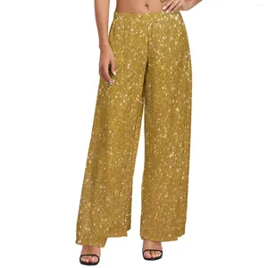 Spodnie damskie Faux złoto metaliczny elastyczna talia brokatowy metalowy metalowy nadruk błyszczące domowe spodnie estetyczne niestandardowe szerokie