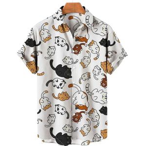 Men's Casual Shirts Mens Kitten single breasted short sleeved shirt 3D digital printed casual shirt loose and fashionable large 5XL 2024 240424