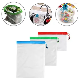 DrawString 3sts återanvändbara nät producerar väskor för vegetabilisk fruktleksaker förvaringspåse tvättbar väska ekovänlig dragande bunt ficka