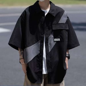 Design Inspired Patchwork Men's Short Sleeved Oversized Summer Loose Casual Lapel Work Shirt Jacket