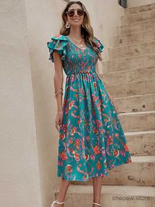الفساتين الأساسية غير الرسمية صيف الأزهار المطبوعة ميدي فستان النساء أزياء الكشكشة النحيف فستان الشاطئ ثياب غير رسمية أخضر أخضر جديد في الفساتين 2023