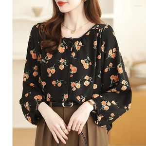 Blusas femininas 2024 Chiffon Blusa de verão Casual Moda de temperamento avançado Simplicidade Tops Prind Print Bat Sleeve Camisa