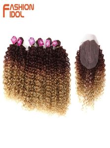 Moda ídolo afro extensões de cabelo cacheado cacheado 16-10 polegadas Pacacos de cabelo sintéticos Lace com tecido de fechamento Fake Hair 2106151898454