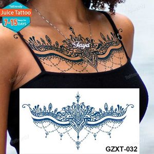 Tattoo Transfer large sexy sternum temporary tattoos breast chest body painting natural juice ink long lasting tattoo sticker blue lace jewelry 240427