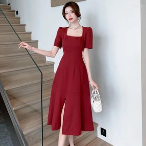 Party Dresses 2024 French Summer Red Split Office Ladies Dress Elegant Women Square Collar Short Sleeve Slim Waist Midi Vestidos