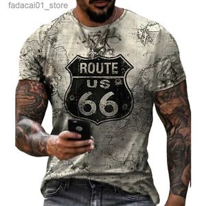 Herren T-Shirts Fashion Vintage 3D Print Herren T-Shirts Sommer US Route 66 Buchstaben Unisex Kleidung O Halsband Freizeitstraße lose übergroße T-Shirt Q240426