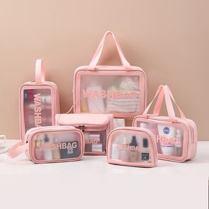 New Transparent Cosmetic Bag Six-piece Pvc Wash Storage Bag Bath Swimming Beach Bag Net Red Pu Frosted Bag