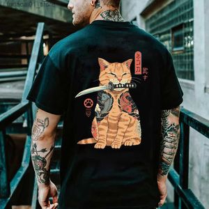 Erkek Tişörtler Karikatür Anime Samurai Kedi Erkekler İçin Baskı Tişörtlü Tişörtlü Dış Hip Hop Harajuku Vintage Giysiler Sıradan O boyun gevşek Kısa Kollu Tees Q240426