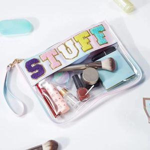 Cosmetic Bags Clear Makeup Letter Bag Chenille Glitter Varsity Patch Zipper Toiletry Pouch Travel Beach Summer Pool Gifts For Women