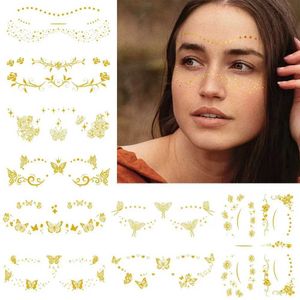 Tattoo Transfer Glitter Stickers Face Tattoo Flash Gold Temporary Metalic Tattoos Waterproof Makeup Decals For Girls Party Music Festival 240427