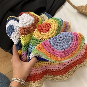 Rainbow Womens Panama Handmade Knitted Crochet Hat UV Protection Visors Sun Summer Beach Foldable Outdoor Cap Gorras 240415