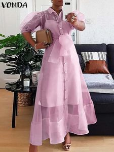 Plus w rozmiarze 5xl Vonda Summer Long Dress Women Bohemian Short Puff Sleeve plisowany swobodny guziki Party Lace Maxi Sundress 240420