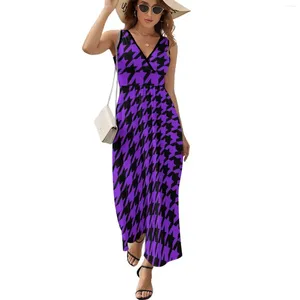 Casual Dresses Vintage Houndstooth Dress Summer Purple And Black Boho Beach Long Women High Waist Graphic Trendy Maxi