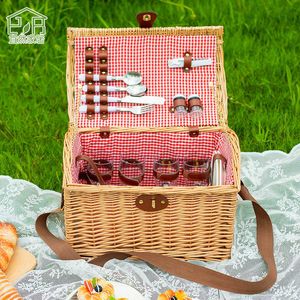 Vine gewebter Korb Outdoor Camping-Aufbewahrungsbox, Picknick-Sammeln mit Deckel, Handgeschirr, Willow gewebter Picknickkorb