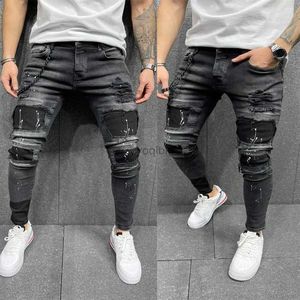 Men's Jeans Black 90% pure cotton mens retro washed tight elastic torn jeans tight hole patches denim Pantalones printed zipper joggerL2404