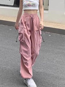 Women's Pants 2024 Spring Women Casual Satin Pocket Solid Cargo Vintage Chic High Waist Straight Trouser Loose Lady Streetwear Y2K