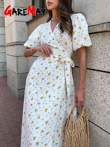 Vestidos de verão femininos casuais 100% algodão estampa de algodão A-line Midi Dress com fendas laterais Vestido branco elegante para mulheres 240423