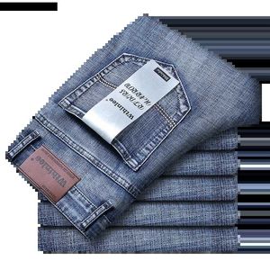 Dżinsy męskie wthinlee nowe biznesowe dżinsy swobodne proste mody klasyczny Blue Black Work Denim Spodni Męskie odzież 2404
