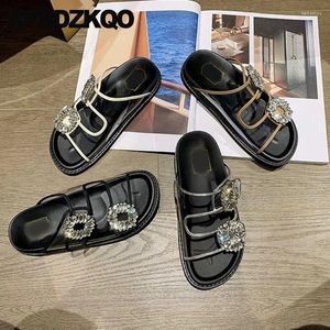 Slippers Slides Open Toe Rhinestone Flatforms Thick Sole Diamond Flats Sandals Clear Jewel Transparent Pvc Shoes Women Muffin