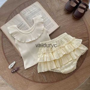 Conjuntos de roupas de roupas de bebê conjunto de roupas sem costas e camadas de Doulbe Bloomer Girls Suit H240506