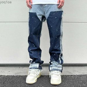 Men's Jeans Street clothing spot ink color matching Y2K mens bag jeans patch work anger edge micro denim typewriter ultra-fine loose goodsL2404