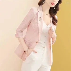 Women's Jackets 5XL Solid Color Splicing Lace Suit Coat Spring 2024 Summer 3/4 Length Sleeve Blazer White Pink Black Jacket Elegant