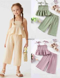 Kleidungsstücke neue Sommermädchen Halfter Top + Wide Leghose Sets LDREN Feste Farbe Mode zweiteiliger Set Baumwollschuh Kleidungsstück H240426