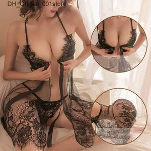 Sexy set transparent erotische offene Pyjamas Spitze Frenulum Tüllkleid Dessous Frauen Schritt Sheer Versuchung Schwarz Plus Größe Babypuppe Q240426