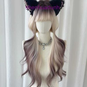 Wig Womens Summer Hair Long é doce e fofo, com um tingimento de gradiente no topo da cabeça que os aturais da Internet da moda na Internet.