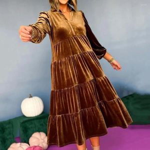 Casual Dresses Midi Dress Women Patchwork A-line Loose Hem Long Sleeve V Neck Velvet Solid Color Mid-calf Length