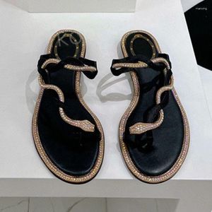 Tofflor varumärke sexig guld silver glänsande orm kristall tunn rem flip flops äkta läder kvinnor platt bekväm klänningskor sommar