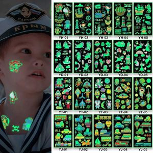 Tattoo Transfer Kids Luminous Pirate Tattoo Stickers Cartoon Fun Unicorn Stars Treasure Hunt Caribbean Boy Glowing Temporary Tattoo Stickers 240426