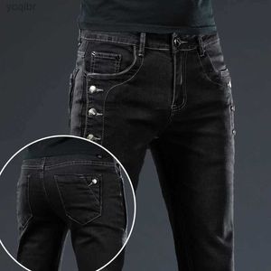 Męskie dżinsy Nowe męskie ultra cienki przycisk czarny ciasne dżinsy solidne elastyczne deskorolki multi guziki męskie Jeansl244