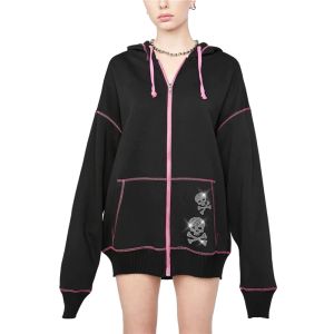 Sweatshirts Gothic Hoodies Y2K Women Skeleton/Skull Print Zip Up Long Sleeve Tops With Pockets Cyber ​​Punk Clothes 2000s Sweatshirt Outwear