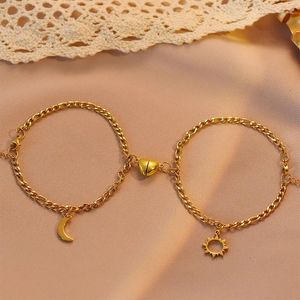 Link Armbänder Goldfarbe Edelstahl Sonne und Mond Anhänger Punk -Kette Paar für Frauen Männer Magnetische Herzschmuck Pulseras